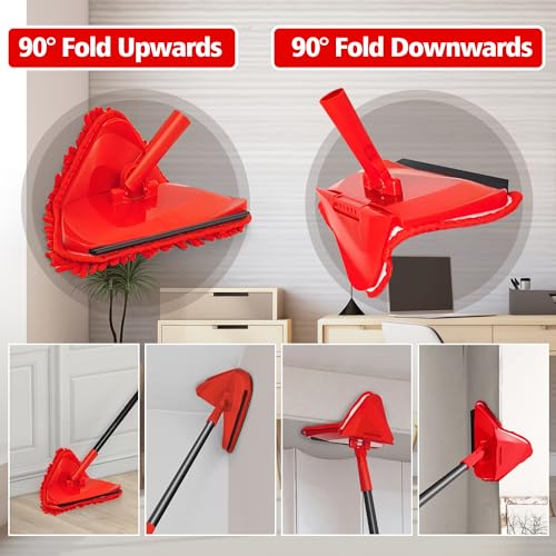 NEWE Wall Mop Cleaner, 80 inches Long Handle, 180° Folding Ceiling Cleaning Tool with Squeegee for Washing Painted Walls, Triangle Baseboard Scrubber with 3 Chenille Duster and 3 Microfiber Pads (Red) - color: Red