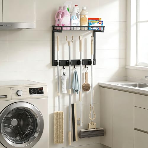XLP Broom Holder Wall Mount, Mop Organizer Wall Hanging with Hooks, Black