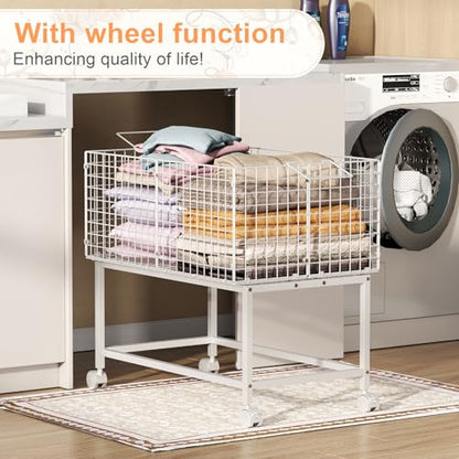 Large Rolling Laundry Basket Cart,Wire Laundry Hamper Cart with Handle and Wheels,White High Laundry Hamper for Laundry Room,Bedroom and Bathroom-120L White (29.5"L*19.7"W*27.95"H inch) - color: White, size: 29.5*19.7*27.95inch