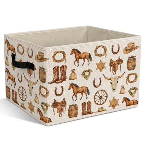 Western Cowboy Foldable Storage Bins with Handles, Horse Theme Toddler Decorative Storage Basket for Organizing Clothes Tools Books, Western Baby Cowboy Gift for Nursery Playroom Bedroom - color: Western