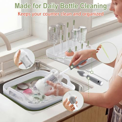 Yecuip Collapsible Baby Bottle Wash Basin w/Drying Rack & Drain Plug, Green - color: Green