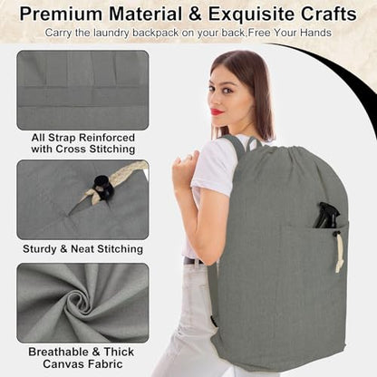 Laundry Bag Backpack, Canvas Laundry Bag with Straps & Drawstring, Grey XL - color: Grey, size: X-Large