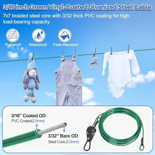 TooTaci 15ft Outdoor Clothesline Kit, 3/16" Green PVC Coated Clothes Cable - size: 15ft