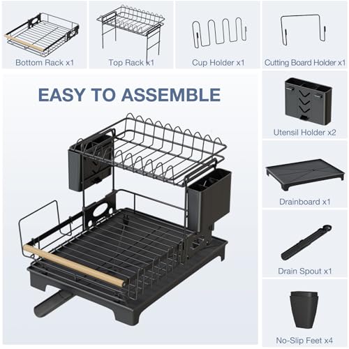 2-Tier Dish Rack Large Capacity Dish Drying Rack for Kitchen Counter Anti-Rust Dish Strainer with Drainboard, Cup Holder, Utensil & Cutting Board Organizer, Heavy Duty Metal, Black - size: 2 Tier Standard