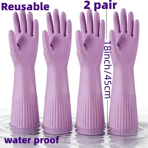 Household Cleaning 18inch Kitchen Dishwashing Rubber Gloves - color: Purple, size: Large