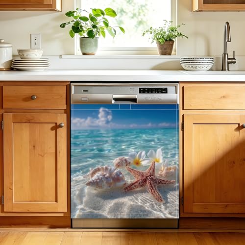 Summer Starfish Seashell Dishwasher Cover Magnet, 23 x 26 Inch Trimmable Magnetic Sticker for Dishwasher Front Panel, Easy Clean Decor for Fridge - color: Summer Starfish Seashell
