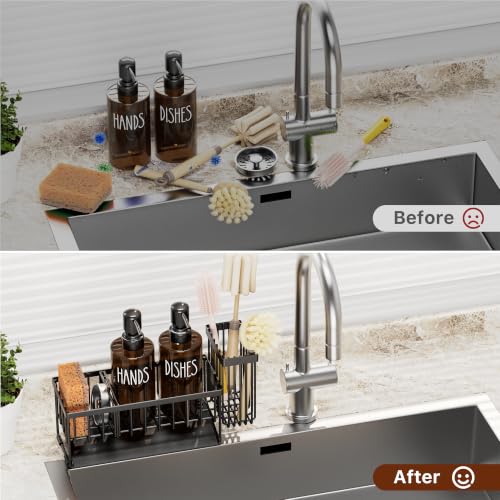 MASADI Kitchen Dish Soap Dispenser Set with Sponge Holder, 12OZ Glass Bottle, Hand and Dish Soap Dispenser Set, Non-Slip Silicone Pad, Brush Holder, Kitchen Sink Organizer Countertop (Black+Amber) - color: Black+amber