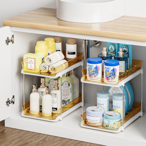 Delamu 2-Tier Multi-Purpose Bathroom Under Sink Organizers and Storage, Stackable Kitchen Pantry Organization, Pull Out Medicine Cabinet Organizer with Movable Dividers, Golden, 2 Pack - color: Golden, size: 2 Pack