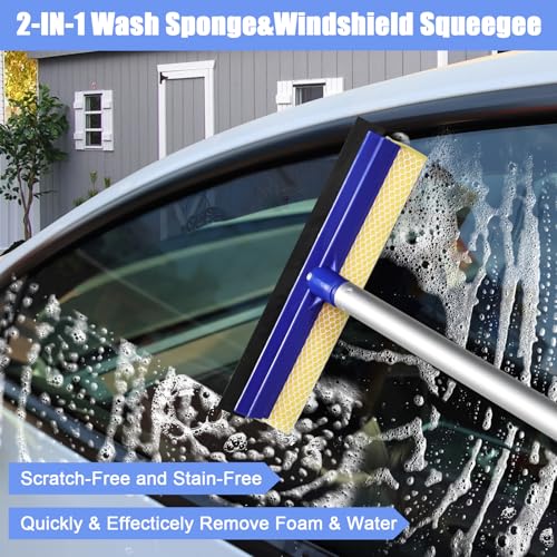 anngrowy 62" Microfiber Car Wash Brush with Long Handle Car Washing Mop Kit Mitt Sponge Car Cleaning Supplies Duster RV Washing Car Brushes, 1 Chenille Scratch-Free Replacement Head (Blue&Yellow) - color: Blue&yellow