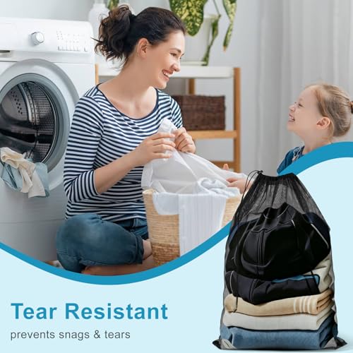 3 Pack Mesh Laundry Bags, 2 Large & 1 Small Breathable Mesh Laundry Bag, Drawstring & Tear Resistant Black Wash Bags for Home, Dorm, Travel & Camping