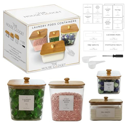Laundry Pods Storage Container, Clear Laundry Room Organization and Storage,Detergent Powder Container,with Wooden Lids & Labels, 4 Pack