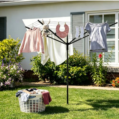 Nisorpa Outdoor Umbrella Drying Rack,12 Lines with 165 Feet Umbrella Clothesline Outdoor Dryer Clothes Line, 4 Arm Steel Frame Adjustable Height Retracting Collapsible Clothes Drying Rack for Backyard