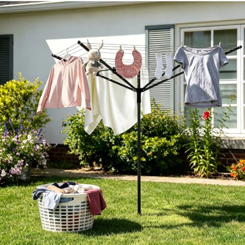Nisorpa Outdoor Umbrella Drying Rack,12 Lines with 165 Feet Umbrella Clothesline Outdoor Dryer Clothes Line, 4 Arm Steel Frame Adjustable Height Retracting Collapsible Clothes Drying Rack for Backyard