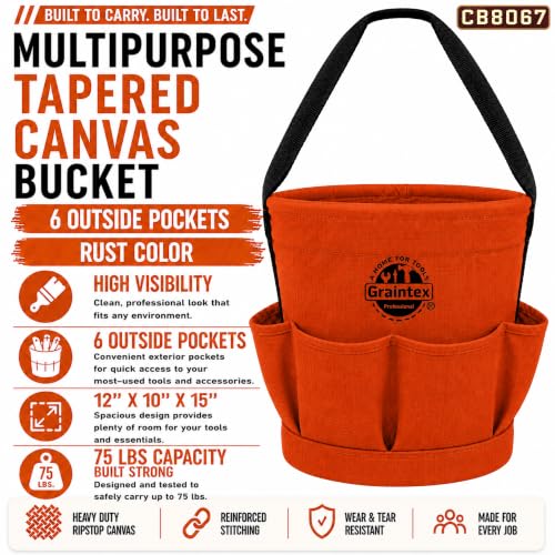 Graintex Tapered Canvas Bucket 12"x10"x15", Utility Tool Bucket 6 Pockets Outside, Reinforced Base & Carry Handle, Ripstop Canvas, Multi-Purpose Bag for Jobsite & Home Use - Rust - color: Rust