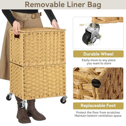 Chrislley Wicker Laundry Basket with Wheels,Rolling Laundry Hamper with Lid - color: Yellow