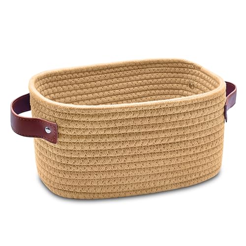 ABenkle Small Storage Basket, Mini Baskets with Handle, Cute Cotton Woven Baskets for Shelves, Boho Decorative Toy Storage Bin for Nursery, Spa, Empty Gift Basket - XS, Brown - color: Brown