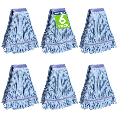 6 Pack Commercial Mop Head Replacement – Heavy Duty Mop Head for General and Floor Cleaning | Industrial Wet Mops | Washable Refill, Reusable, Looped End Mopheads | Hardwood, Concrete - color: Blue