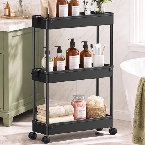 SPACEKEEPER Slim Rolling Storage Cart, 3 Tier Bathroom Storage Organizer Laundry Room Utility Cart Mobile Shelving Unit, Multi-Purpose for Kitchen Office Bathroom Laundry Narrow Places, Black - color: Black
