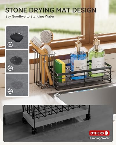 Yofidra Sponge Holder for Kitchen Sink, Sink Caddy with Stone Drying Mat - color: Metallic Black, size: Medium