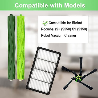 9 Pack Roomba s9 Replacement Parts Compatible for iRobot Roomba s9+ (9550) S9 (9150) Robot Vacuum Cleaner, 1 Set Rubber Brush,4 Filters,4 Side Brushes