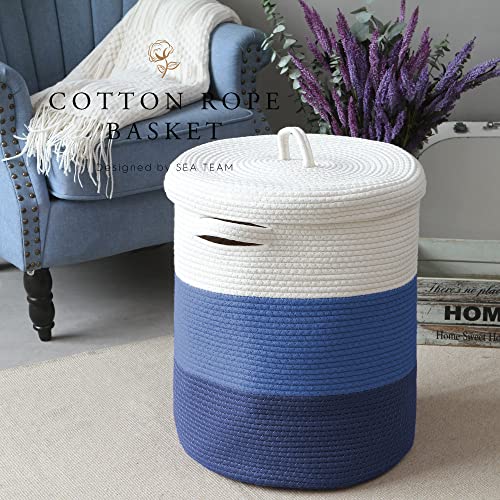 Sea Team Large Woven Cotton Rope Laundry Basket with Lid, 20 x 16 in - color: White & Navy Blue