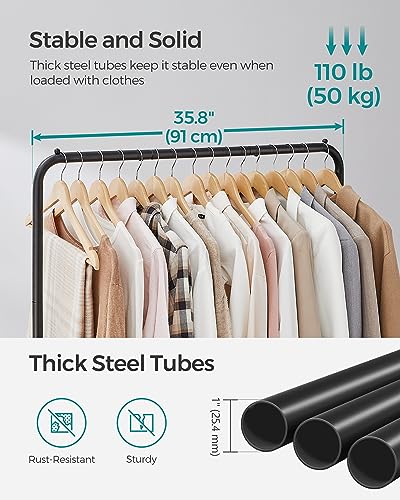 SONGMICS Clothes Rack with Wheels, Metal Garment Rack, Mesh Storage Shelf - color: Black, style: Middle Rod