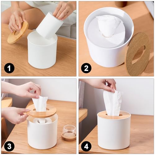 Bamboo Lid Round Tissue Holder Box 5x5'' – Decorative Toilet Paper Roll Dispenser & Dryer Sheet Case – Space-Saving Wood Organizer for Bathroom - for Paper Rolls Under 5 inches only