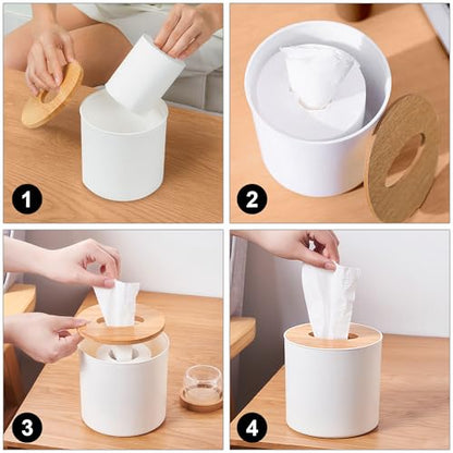 Bamboo Lid Round Tissue Holder Box 5x5'' – Decorative Toilet Paper Roll Dispenser & Dryer Sheet Case – Space-Saving Wood Organizer for Bathroom - for Paper Rolls Under 5 inches only
