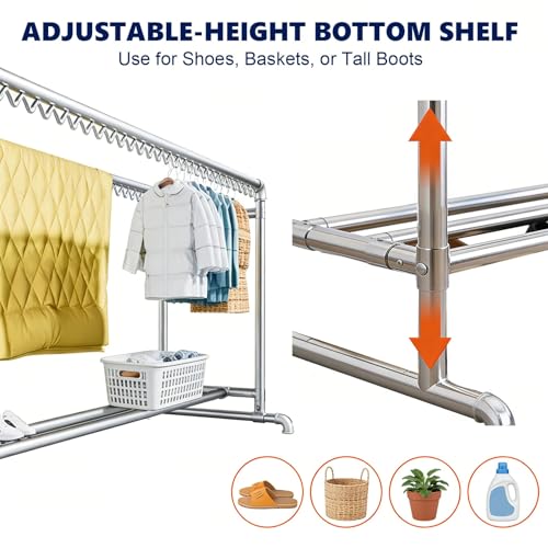 7.2ft Clothes Drying Rack, Heavy Duty Steel Laundry Rack Indoor Outdoor, Blanket Rack Clothesline with Hooks(Height 5.3ft/1.6m) - size: Height 5.3ft/1.6m