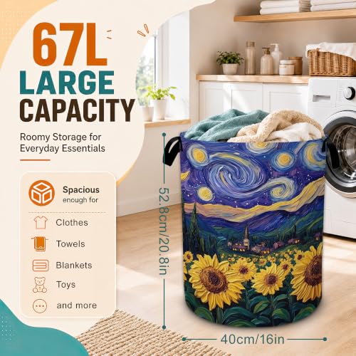 Night Sky Laundry Basket with Handles,Sunflower Foldable Oxford Laundry Hamper,Collapsible Clothes Storage Basket for Laundry Room/Bathroom/Bedroom/Dormitories 20.8 x 16 Inches - color: Night Sky Sunflower
