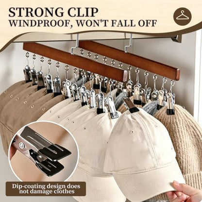 2 Pack Wooden Pants Hangers with 12 Clips, Space Saving Hanging Closet Organizer, Multi-Purpose Hanger for Leggings, Socks, Underwear, Bras, Towels, Closet Storage Solution (Retro) - color: Retro