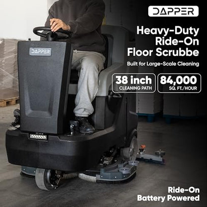 Battery Powered Ride-On Commercial Floor Scrubber Machine, 38" Brush, 48" Squeegee Width, 46 gal Solution Tank, 48 gal Recovery Tank, 5 hr Use 8 hr Charge, 180 RPM, 84,000 Sqft/H, Batteries Included - size: 38"