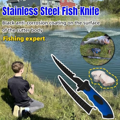Fishing Knife Set, Fish Cleaning Kit, Filet Knife for Fish, Fish Scale Cleaning Brush, Multi-Functional Scissors, Gloves, Fishbone Tweezers, Storage Bag,Fishing Accessories,Fishing Tool Kit - size: 2PCS-Red&Blue