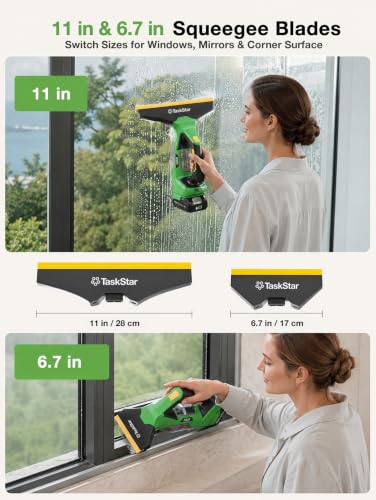 TaskStar Window Vacuum Squeegee Cordless: Electric Window Cleaner Tool with 2000Pa Suction, 2000mAh Detachable Battery, 150ml Water Tank, 11in & 6.7in Blades for Glass, Shower Doors, Mirrors, Tiles