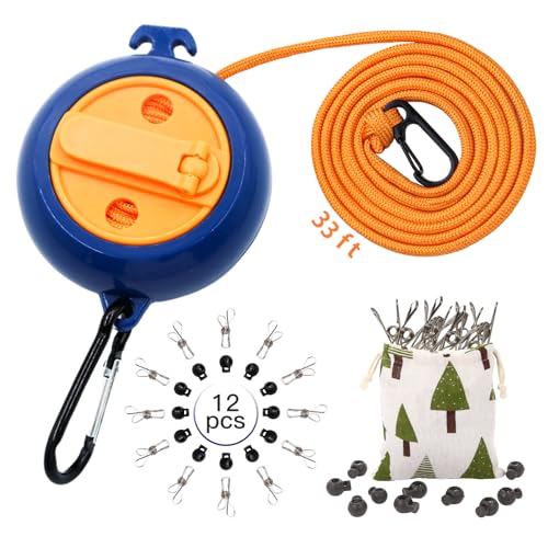Portable Travel Clothesline, 33ft Camping Clothes line with Clothespins - style: Blue Yellow