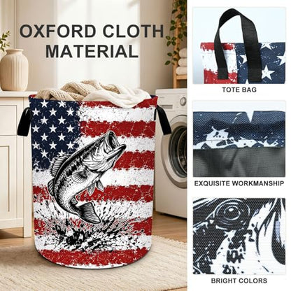 Fish Bass Laundry Basket Collapsible Oxford Laundry Hamper Clothes Storage Bin with Handles for Bedroom Bathroom Laundry Room 19.6 x 15.7 Inches - color: Fish Bass