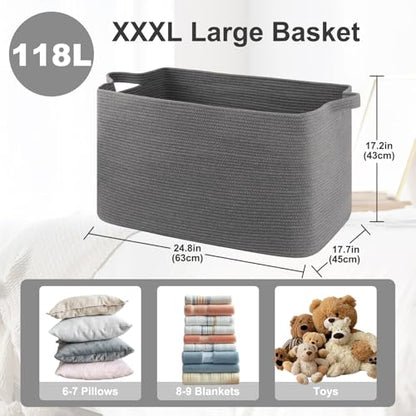 OIASKET 118L Extra Large Blanket Basket, 24.8" x 17.7" x 17.2" Woven Basket - color: Grey, size: 24.8"x17.7"x16.2"