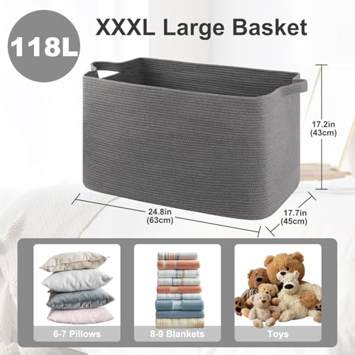 OIASKET 118L Extra Large Blanket Basket, 24.8" x 17.7" x 17.2" Woven Basket - color: Grey, size: 24.8"x17.7"x16.2"