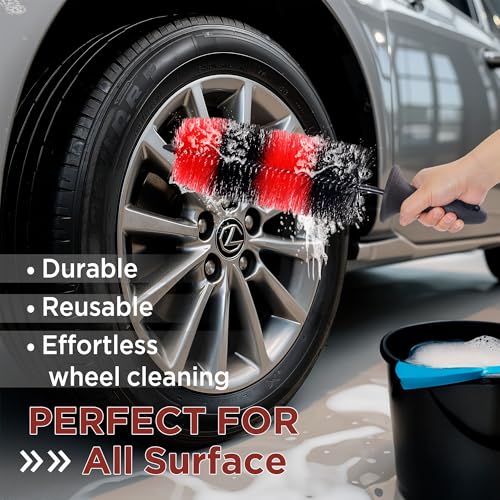 TAKAVU Wheel & Tire Brush, Long Bristle, Built-in Knuckle Guard (Upgraded) - color: Red & Black - Big Brush