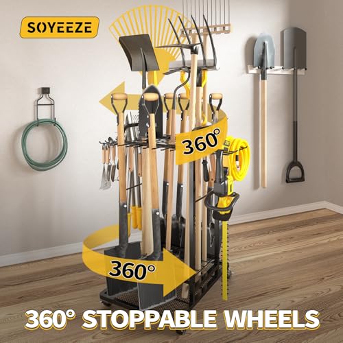 SOYEEZE Garden Tool Organizer with Lockable Wheels, Heavy Duty 3-Tier Yard Tower Tool Rack for Garage, Holds Up to 35 Long-Handled Tools, Garden Tool Cart with 12 Hooks for Tool Organization Storage