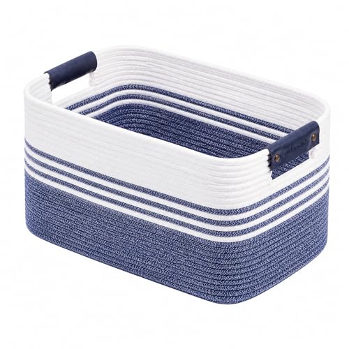 Cotton Rope Laundry Basket Small, 12.8GAL Collapsible Woven Storage Baskets for Living Room Kids Toys Stuffed Animal,Boho Rectangular Decorative Short Hamper for Dirty Clothes, Blankets Denim Blue - color: DenimBlue, size: 12.8GAL