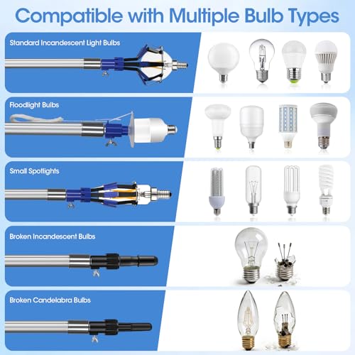 20FT Reach Light Bulb Changer for High Ceilings with 3.4-12.4FT Telescopic Extension Pole, 11PCS Reusable High Ceiling Fan Duster Kit for Recessed Lights, High Ceiling Window Cleaning
