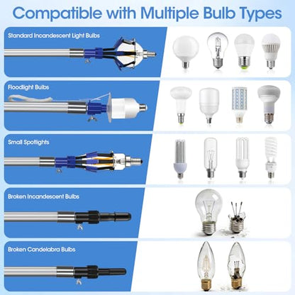 20FT Reach Light Bulb Changer for High Ceilings with 3.4-12.4FT Telescopic Extension Pole, 11PCS Reusable High Ceiling Fan Duster Kit for Recessed Lights, High Ceiling Window Cleaning