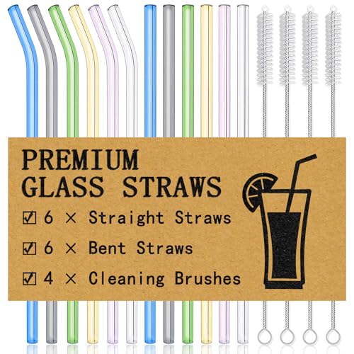 Piteno® 12Pcs Glass Straws with 4Pcs Brushes, 8.5''x10MM, Set of 6 Straight and 6 Bent with 4 Cleaning Brushes, Perfect for Smoothies, Milkshakes, Juice, Tea (Rainbow) - color: Rainbow, size: 8.5"