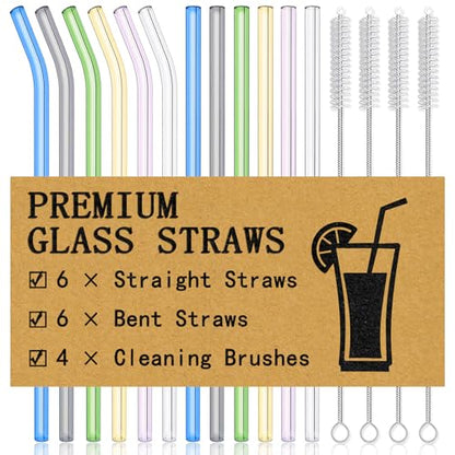 Piteno® 12Pcs Glass Straws with 4Pcs Brushes, 8.5''x10MM, Set of 6 Straight and 6 Bent with 4 Cleaning Brushes, Perfect for Smoothies, Milkshakes, Juice, Tea (Rainbow) - color: Rainbow, size: 8.5"