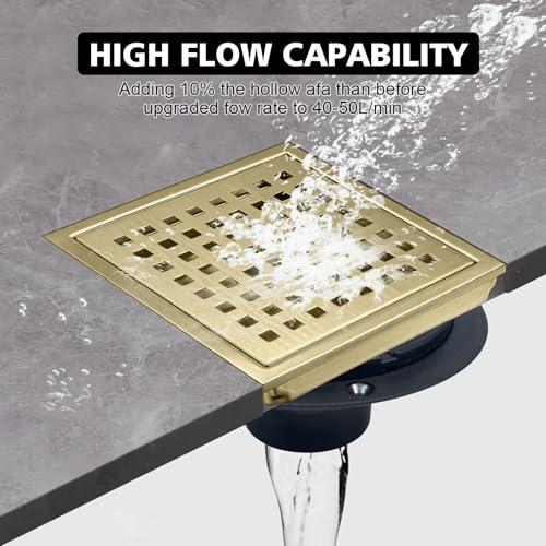 4 Inch Square Shower Drain with Flange, Removeable Grate SUS 304 Stainless Steel Shower Drain with Hair Catcher (Brushed Gold, 4 Inch) - color: Brushed Gold, size: 4 Inch
