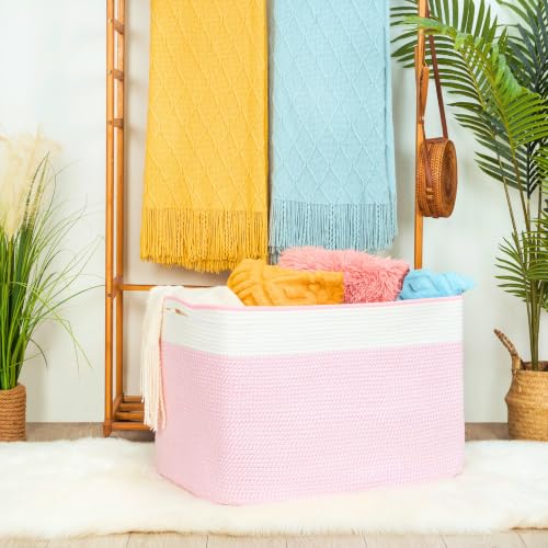 MINTWOOD Design 112L Extra Large Blanket Basket Holder Living Room, 25"x17"x16" Rectangle Rope Woven Storage Basket with Handles for Laundry, Towels, Shoes, Dog Toy Organizer Bin Box, Light Pink - color: Light Pink