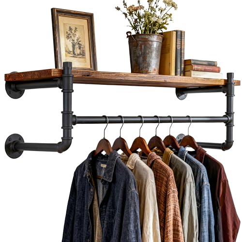 WEBI Wall Mounted Clothes Rack with Shelf,30" Industrial Pipe Clothing Rack with Shelf with Hanging Rod,Heavy Duty Iron Garment Rack Bar,Retail Display Clothes Rod for Laundry Room,Closet,Black - color: Black, size: 30 Inch