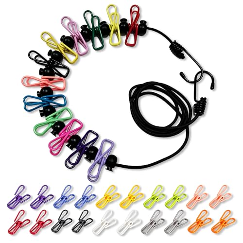 Windproof Portable Clothesline with Built‑in 12 Color Clothespins & 20 Extra Colorful Clips, Non‑Slip Clasps Adjustable Laundry Line for RV Travel Camping Hotel Indoor Outdoor Use (Colorful) - color: 1 Colorful Line & 20 Clips(windproof)