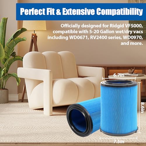 1 Pack VF5000 Replacement Filter for Rigid Shop Vac, H11 Washable & Reusable 3-Layer Filter with QwikLock, Fits 5-20 Gallon Wet/Dry Vacuums (WD0671, RV2400, WD1450, WD1851, etc.) - size: 1-Pack Filter
